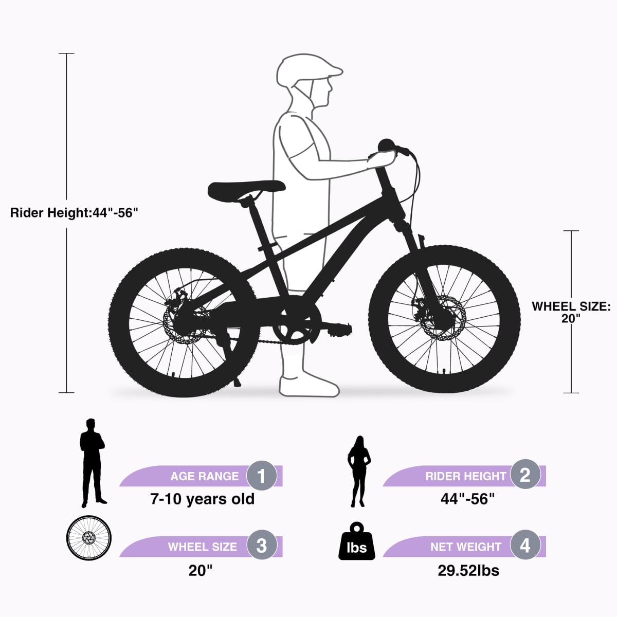 LuckyNote Mountain Bike 20 Inch MTB, Steel Frame, Single Speed, Front and Rear Disc Brakes, Purple