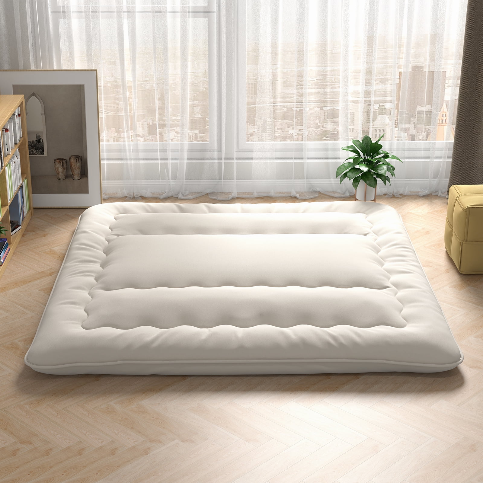 King Futon Mattress Japanese Floor Sleeping Pad Washable Carry Bag Beige