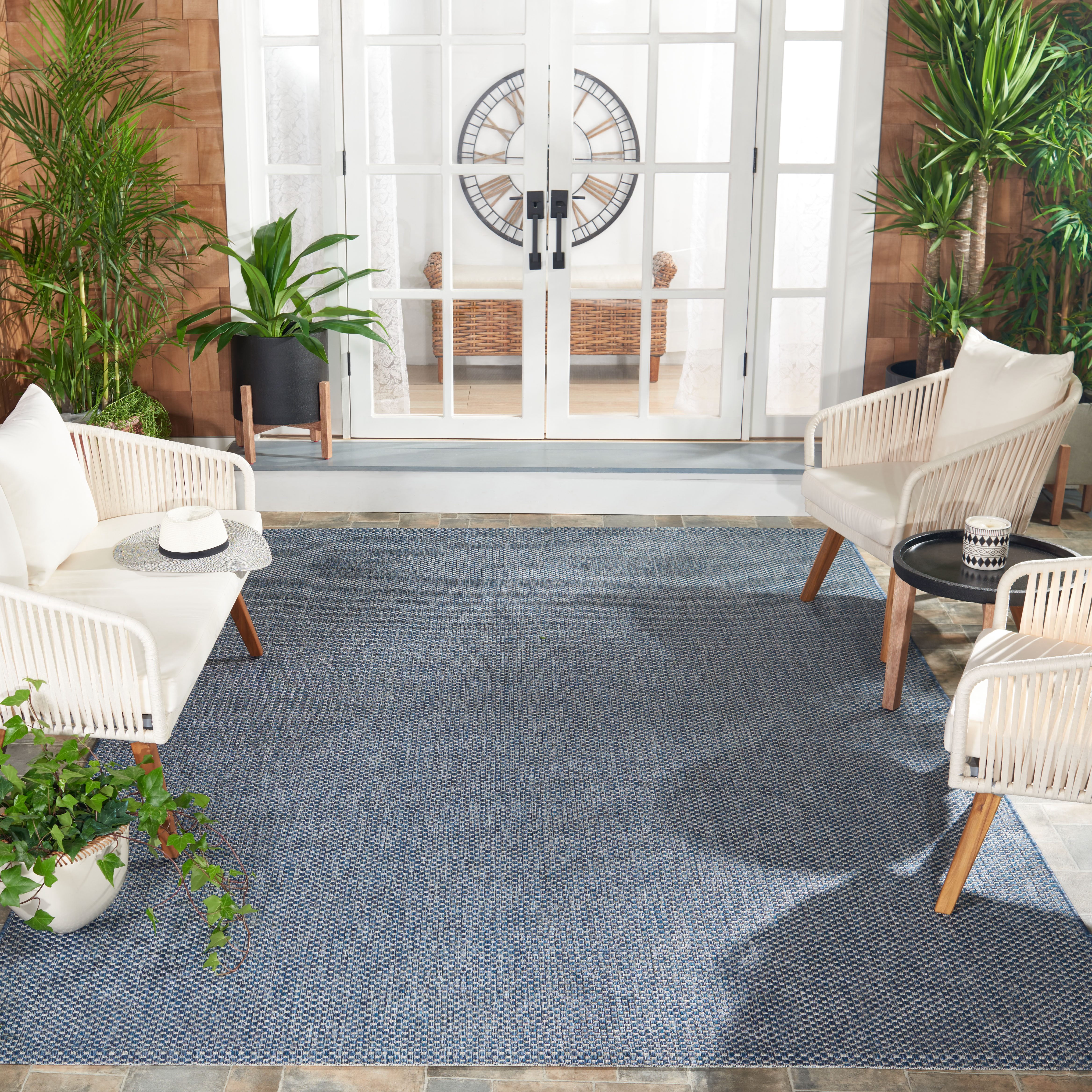 SAFAVIEH Courtyard Finnian Solid Indoor/Outdoor Area Rug, Navy/Grey, 10' x 10' Square