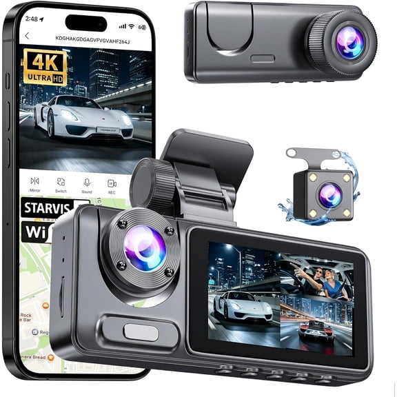 3 Channel Dash Cam, 4K UHD Front Rear Inside Car Camera, WiFi App, IR Night Vision, 24H Parking Mode, G-Sensor, Loop Recording, Free 128GB Card