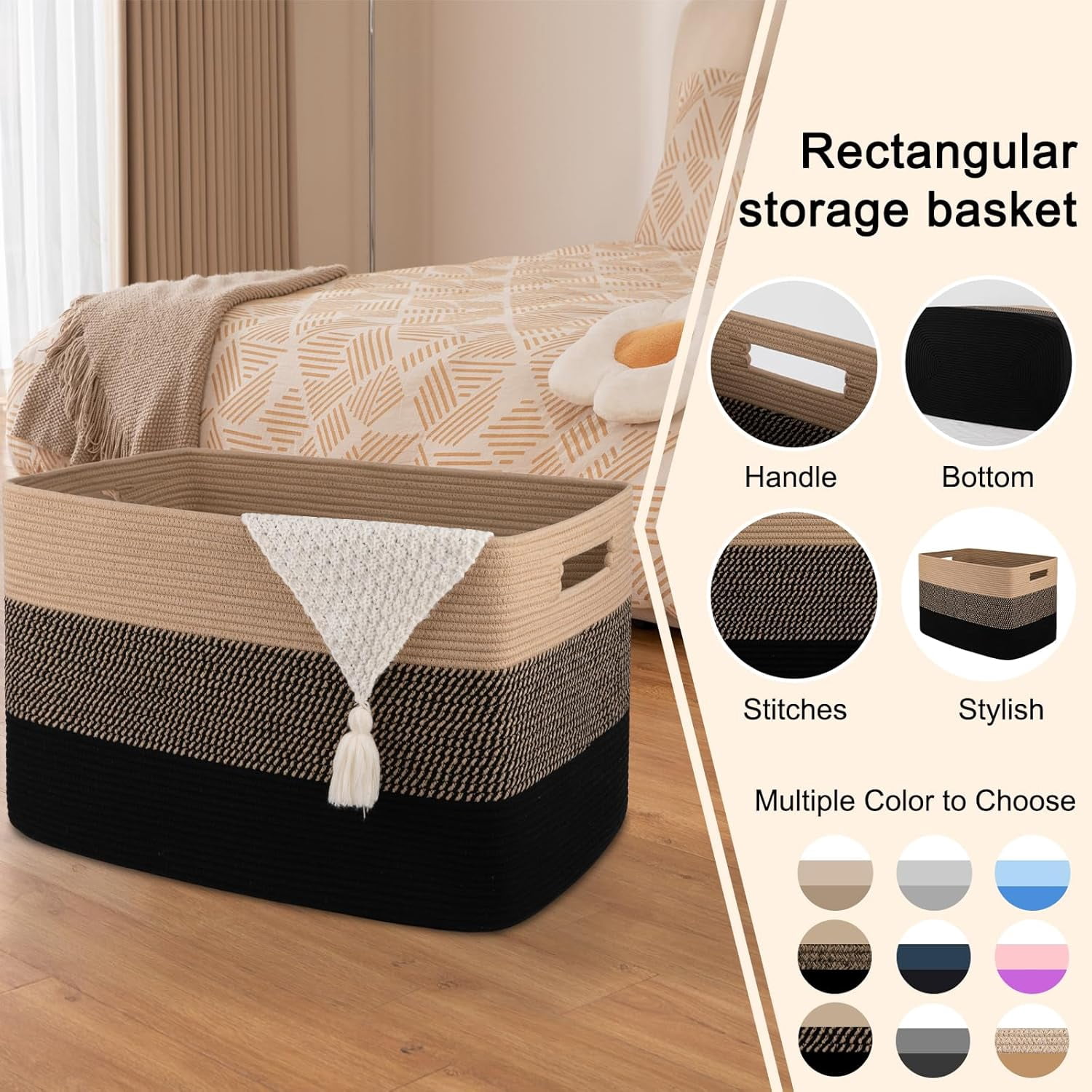 108L Super Large Blanket Basket, 25”x16”x16” Rectangle Woven Baskets for Storage, Cotton Rope Basket For Living Room, Toy Storage with Handle- Yellow and Black