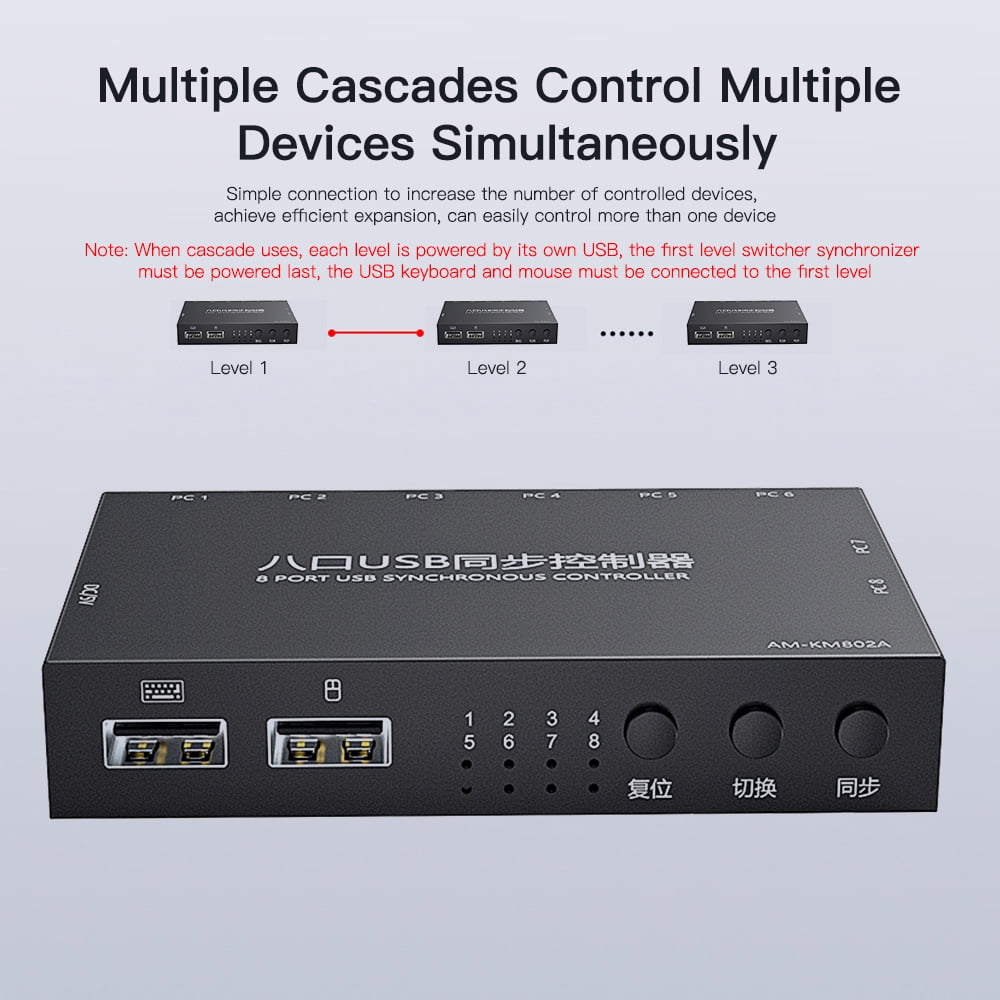 AIMOS 8 Ports USB Synchronizer USB Keyboard Synchronization Controller KVM Switcher Metal Shell and Play Black