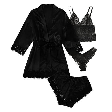 

VERUGU Lingerie Sets for Women Sexy Lace Satin Wireless Bra Camisole Mid-Sleeve Pajamas Alluring Intimate Seductive Robe Four Piece Set Black XXL