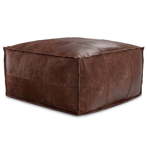 Simpli Home Sheffield 26 inch Wide Boho Square Coffee Table Pouf in Distressed Brown Genuine Leather