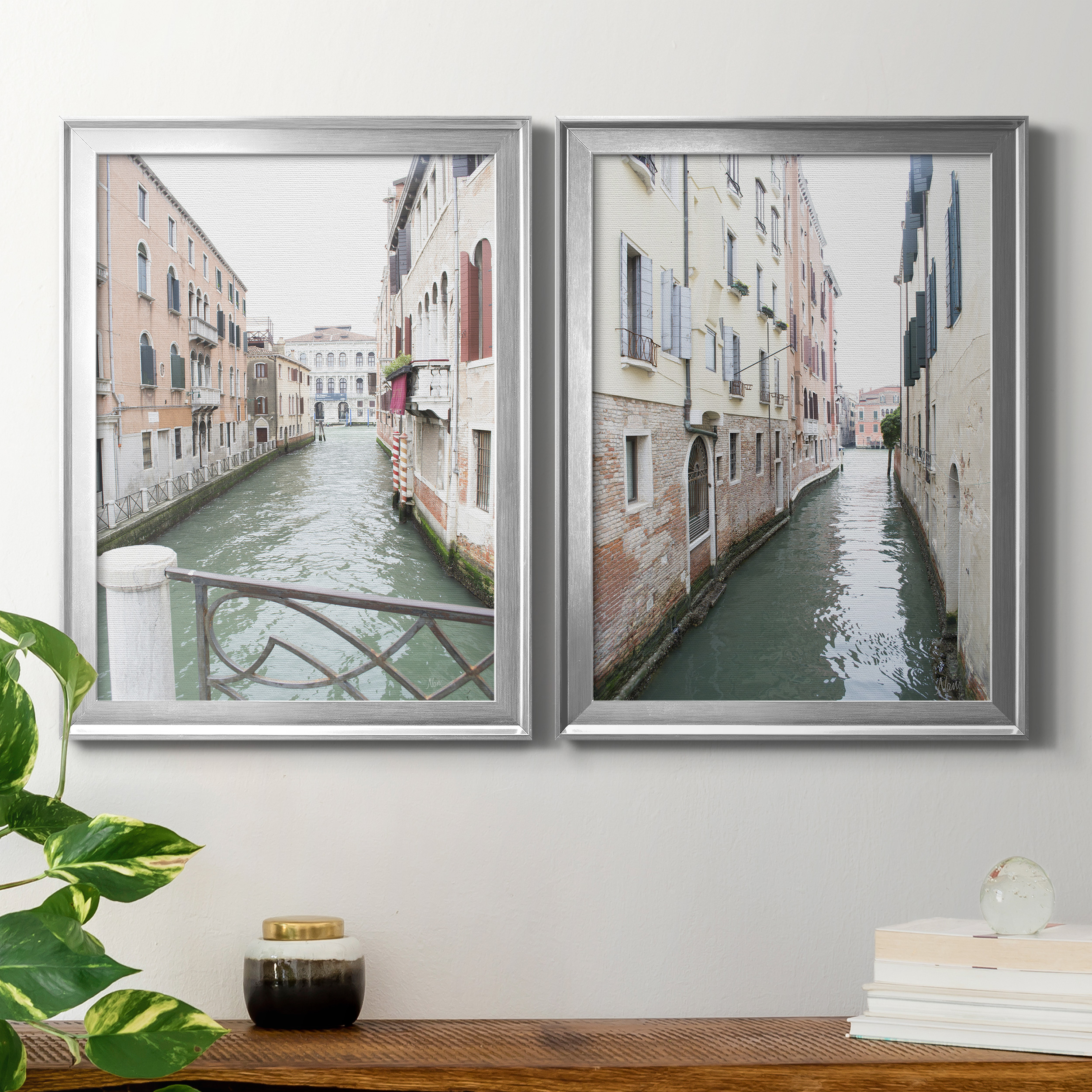 2 Piece Set Venice Canal I Premium Framed Canvas - Ready to Hang - 22.5 x 30.5 Each - Silver Frame