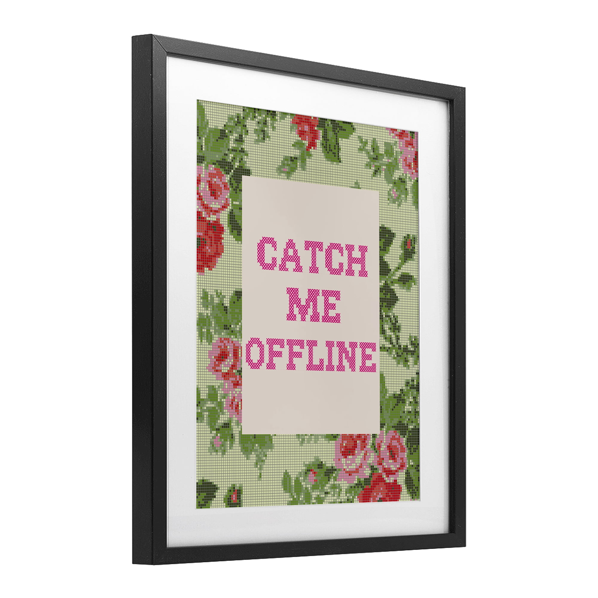 Stupell Industries Catch Me Offline Faux Cross Stitch Black Framed Print Under Glass, design by Lil' Rue