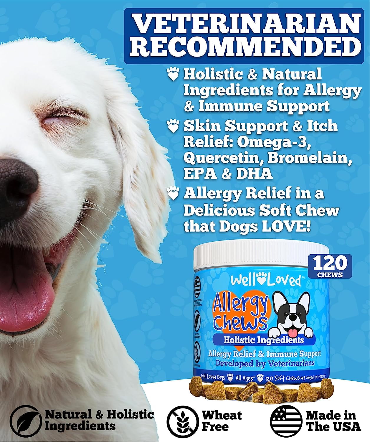 Well Loved Dog Allergy Chews, Itch Relief for Dogs, Hot Spot, 120 Chews