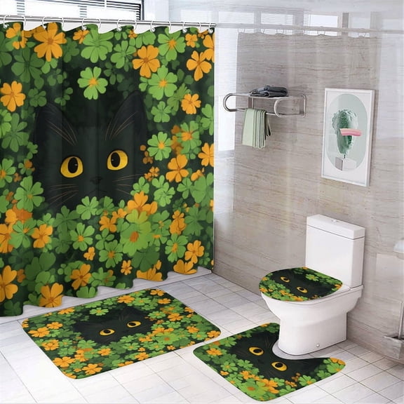 Shower Curtain Sets with Rugs 4 Piece St Patricks Day Black Cat Bathroom Sets with Shower Curtain And Rugs 4 Piece St Patricks Day Decor Bathroom Decor Set with Accessories for Bathroom Decor