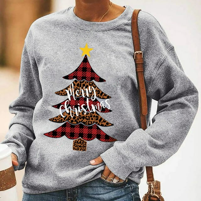 DPTALR Pull Imprimé Arbre de Noël pour Femmes Col Rond Manches Longues Blouse Chandail en Molleton