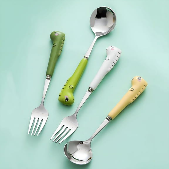 ACDANC Stainless Children Safe Utensil,Cartoon Dinosaur Baby Fork and Spoon,Toddler Forks and Spoons No Bpa Food Grade Flatware with Round Handle for Kids and Toddler