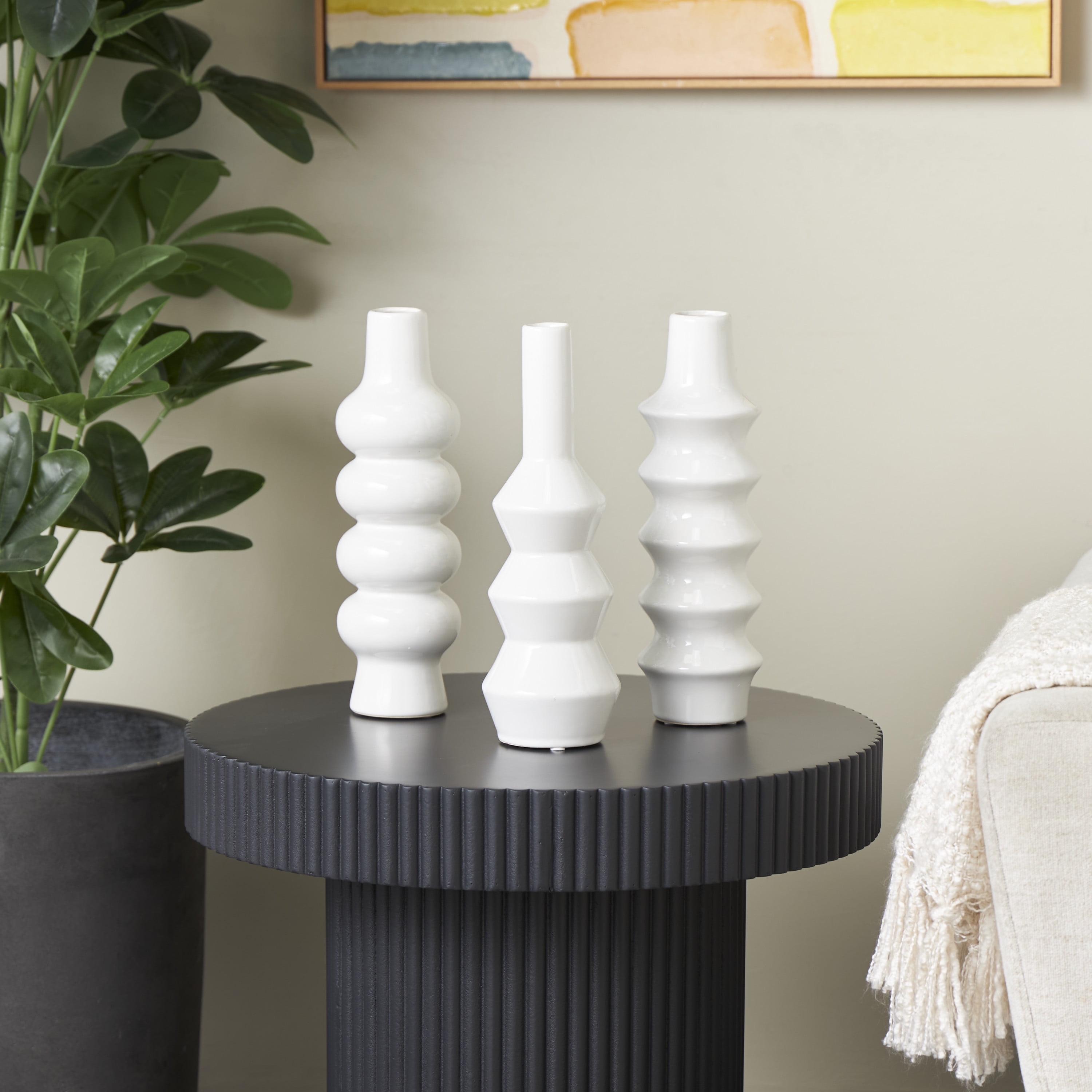 DecMode 4"W, 11"H Abstract Bubble Inspired White Ceramic Vase with Varying Shapes, Set of 3