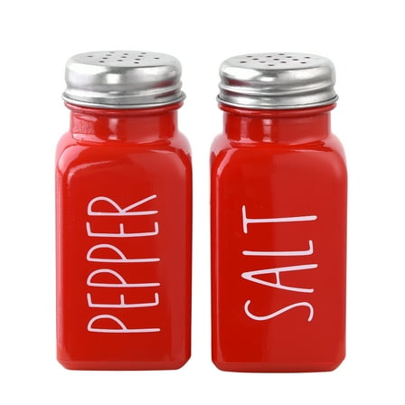 Salt and Pepper Shakers Set - Farmhouse Kitchen Vintage Glass Black White Shaker Sets with Stainless Steel Lids (Red)