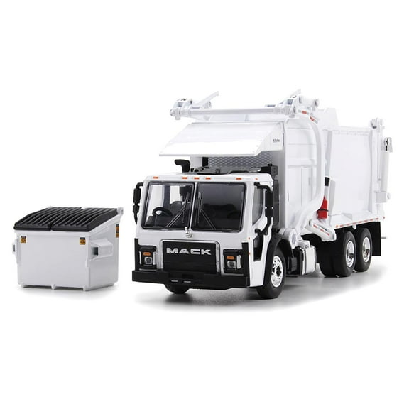 First Gear 60-1795 Mack LR Refuse Garbage Truck with McNeilus Meridian Front Loader White with Trash Bin 1-64 Scale Diecast Model