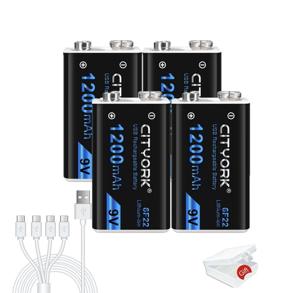 CITYORK Rechargeable 9V Batteries Backup Replacement Square Battery Power Pack Constant Pressure 1200mAh Doorbell Batteries Microphone Batteries 4 packs