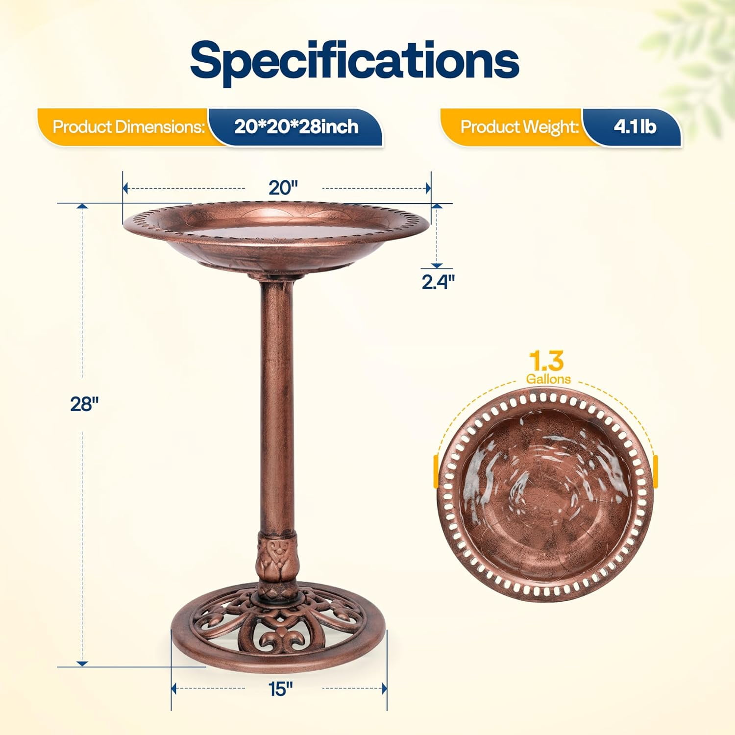 SPECSTAR Bird Bath, 28 inch Height Polyresin Lightweight Antique Outdoor Garden Birdbath Bronze