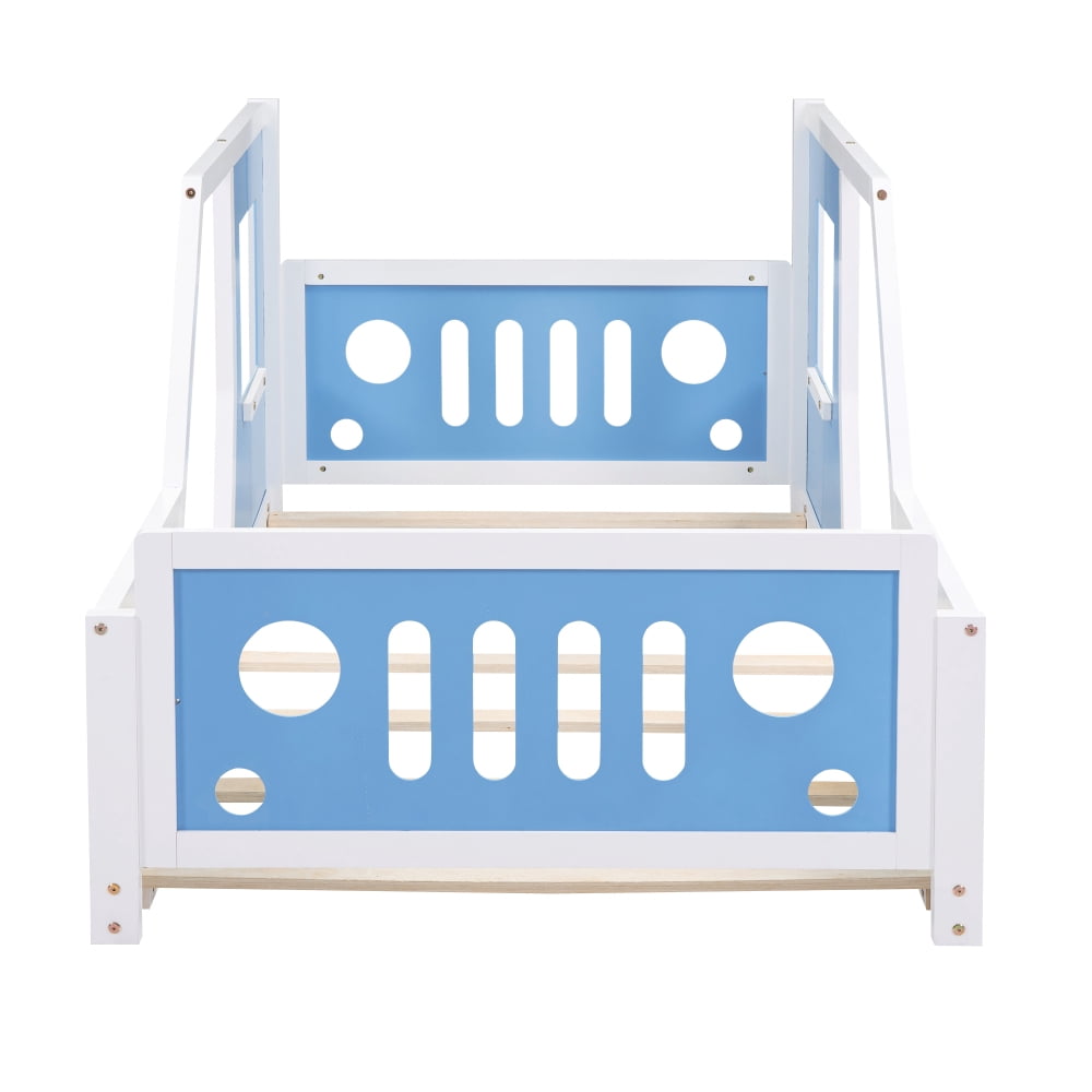 Gzxs Twin Size Platform Bed Classic Car-Shaped Wooden Bed Frame with Wheels for Bedroom Playroom, Blue