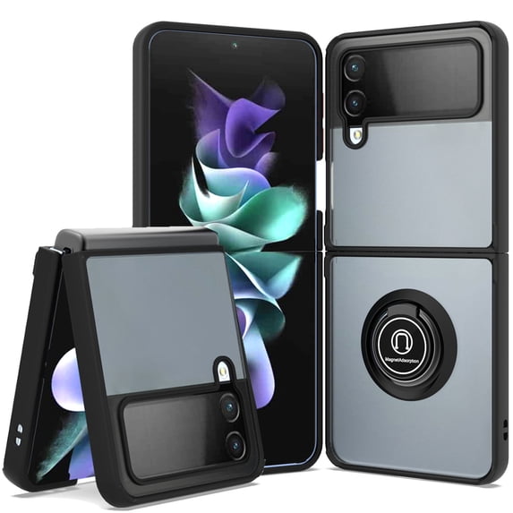 CoverON For Samsung Galaxy Z Flip 4 Case, Clear Back Ring Holder Kickstand Phone Cover, Black