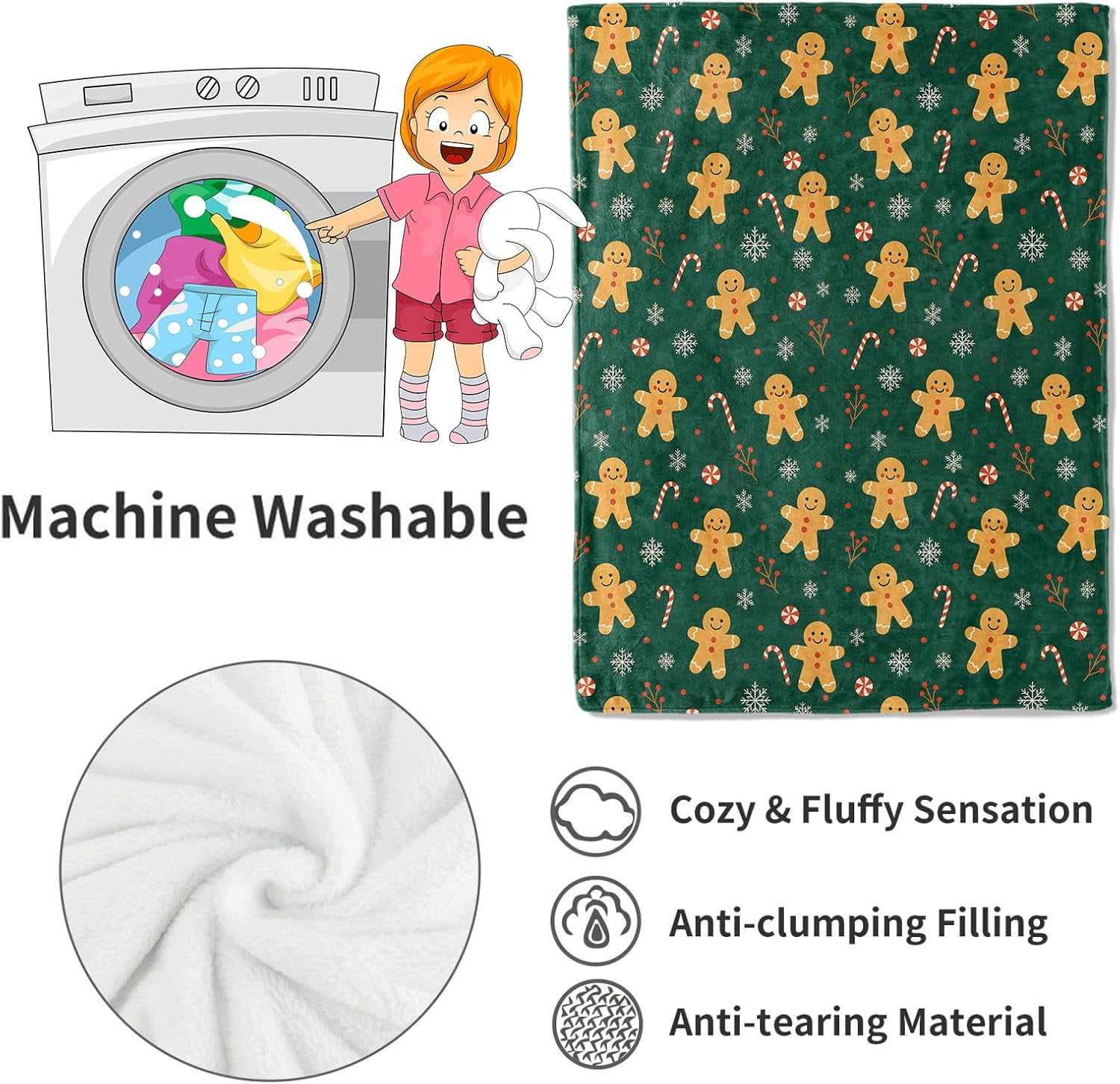 Gingerbread Man Blanket Christmas Holiday Decor Cute Green Xmas Throw Gifts for Kids Lightweight Fleece Candy Canes Snowflakes Snowflakes Cookies Blankets for Festive Winter Decoration 40x50in