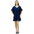 thumbnail image 3 of Bimba Women's V Neck Tassel Kaftan Short Rayon Caftan Designer Beachwear Coverup Dress, 3 of 8
