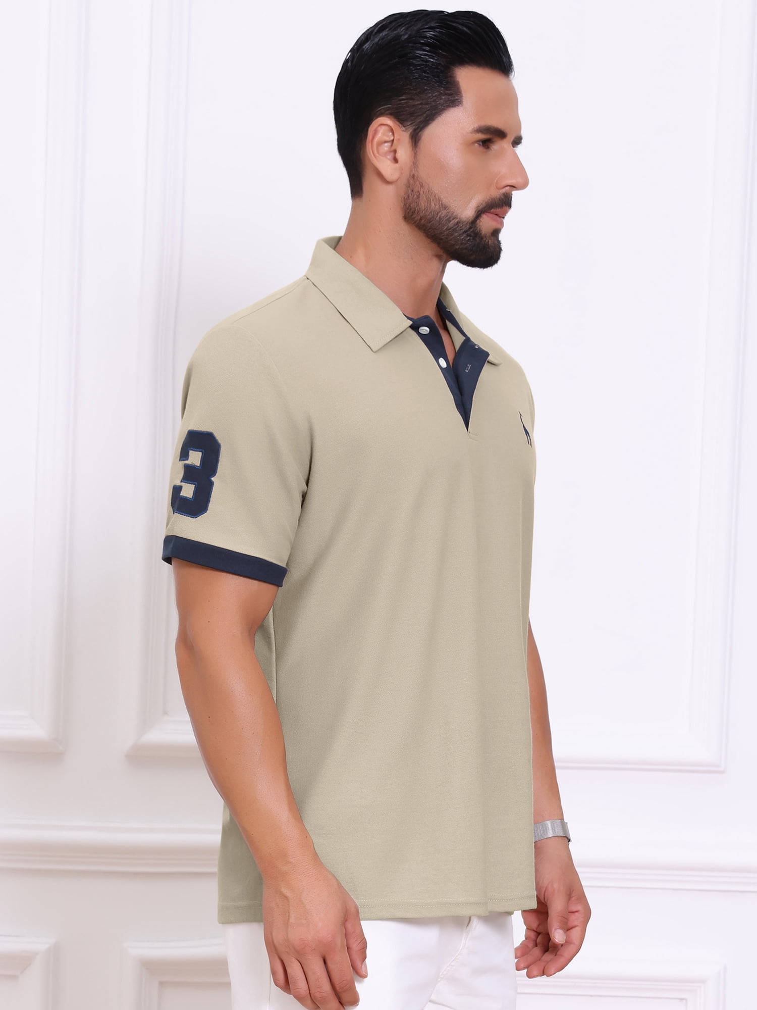 DARING DIVA Men's Pique Contrast Color Short Sleeve Golf Polo Shirts L Khaki