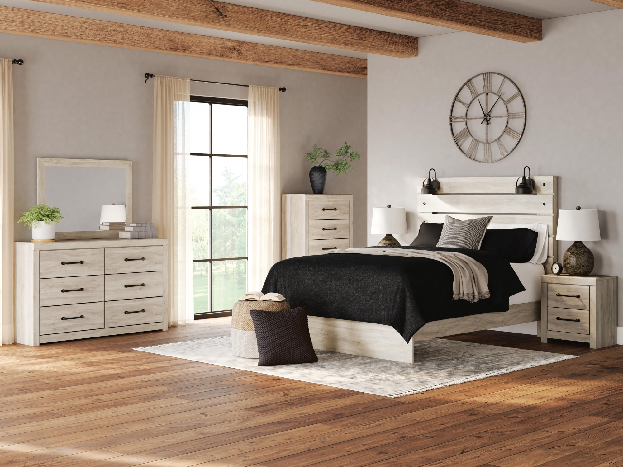 Signature Design by Ashley Cambeck Queen Panel Headboard, Whitewash, Farmhouse Headboard with LED Sconce Lights and USB Charging