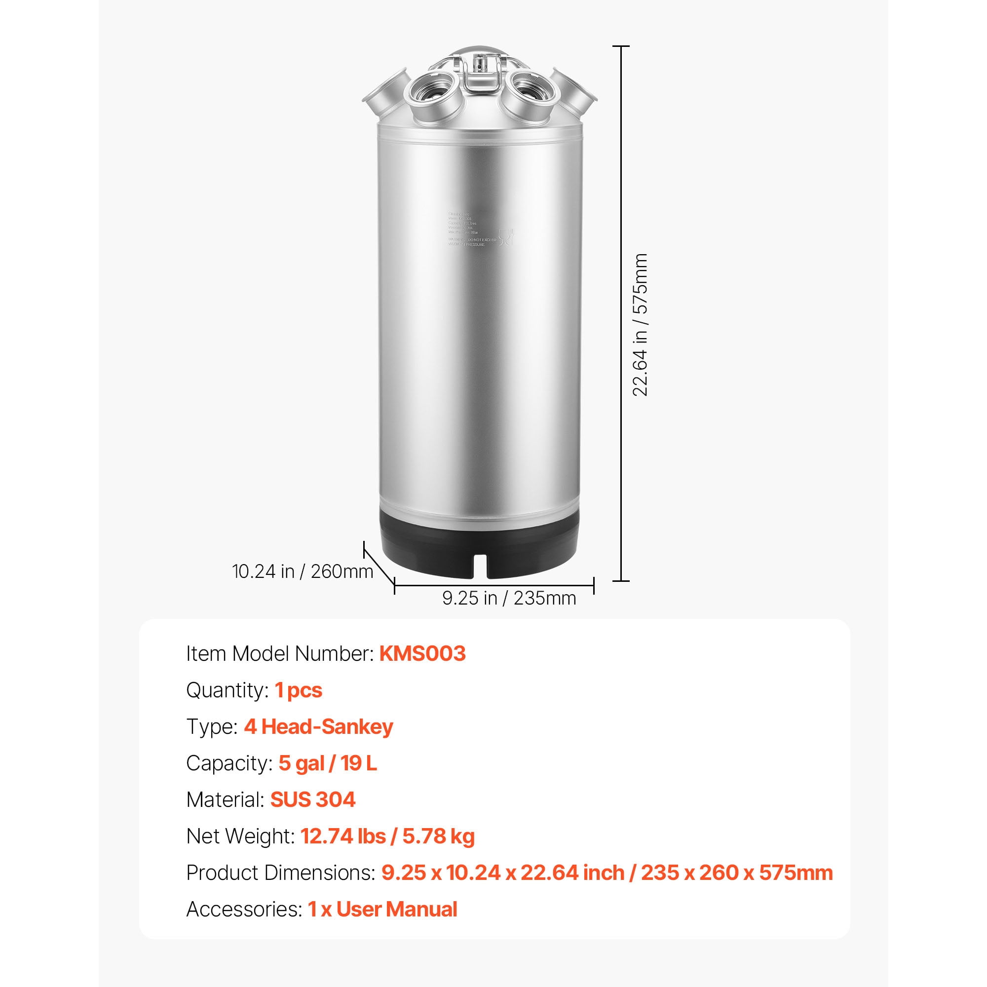 KFFKFF 5 Gallon/19L Cleaning Keg with 4 D Coupler Connections & Rubber Base, Stainless Steel Beer Line Cleaning Kit for Kegerators