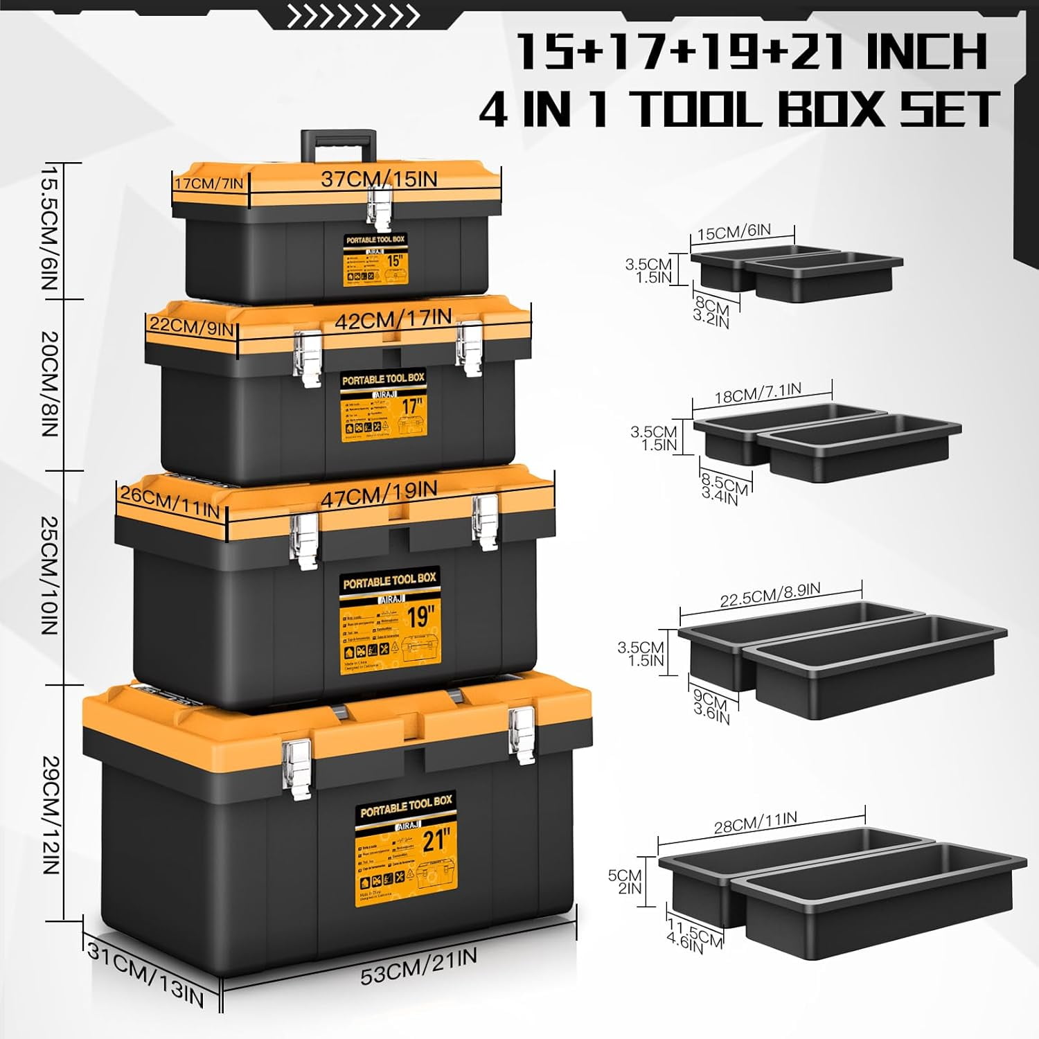 4-in-1 Tool Box Set with 8 Organizers, 15'' 17'' 19'' 21'' Lockable Portable Tool Boxes for Hand & Power Tools, Garage & Home Storage (Mini/Small/Large)