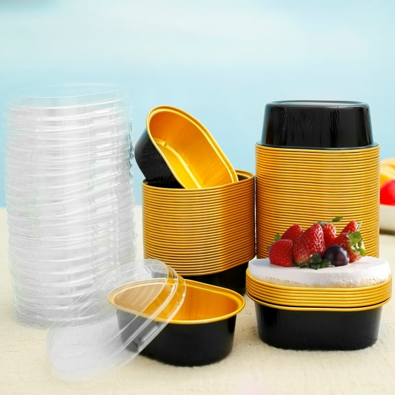 Austok 100Pcs Aluminum Foil Cake Container Heat Resistant Aluminum Foil Baking Cups with Clear Lids Oval Mini Cake Pans Reusable Muffin Liners Cups Cheese Dessert Baking Cups for Party