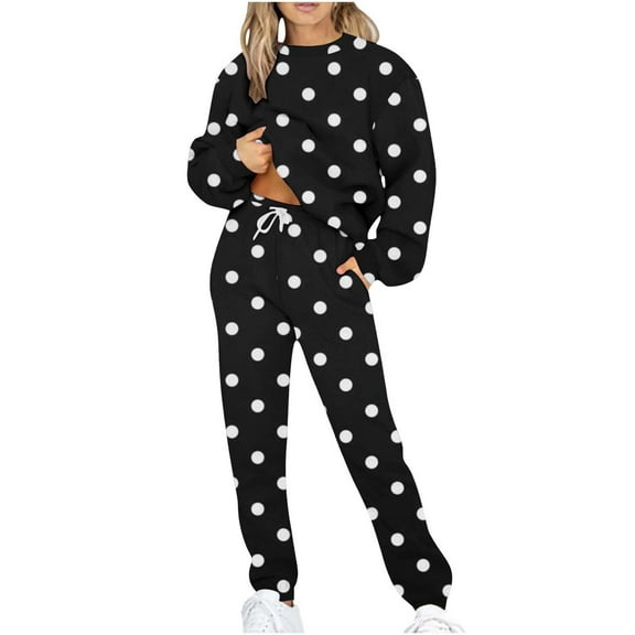 SELONE Gym Sets Clothes For Women 2 Piece Long Sleeve Sweatshirts Long Sweatpants Crew Neck Sweat Suits Loose Taper Leg Workout Polka Dot Legging Sets Lounge Sets Fall Wintern Clothes Black