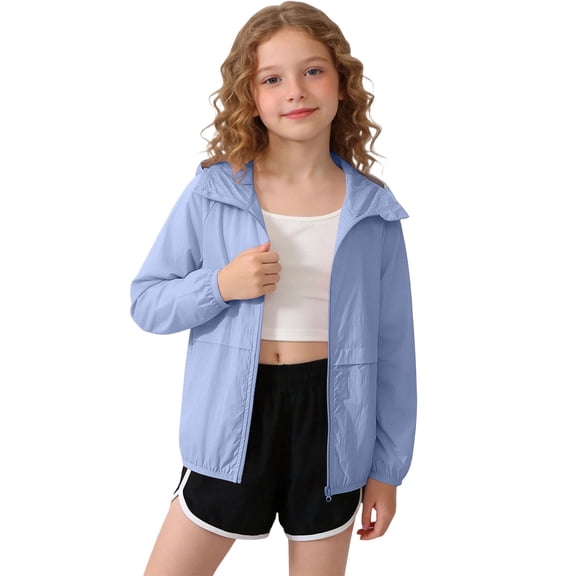 WQNVRNR Kids Sun Protection Jacket- Spring Summer Casual Lightweight Zip Up Athletic Tops for Girls Blue Size 10