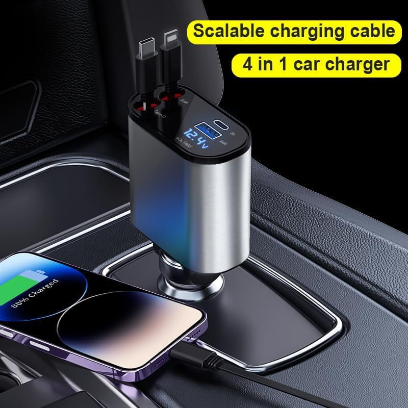 CJBZLCPCOORetractable Car Charger, 4 in 1 USB C Car Charger 60W,Retractable Cables (2.6Ft) and 2 USB Ports Car Charger Adapter, Compatible with iPhone 15/14/13/12/11 Pro Max/XS MAX,iPad，Galaxy S23/S22