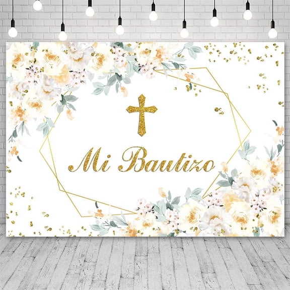 Mi Bautizo Backdrop God Bless First Holy Communion Christening Photography Background Glitter Gold Dots Floral Baby Shower Party Decorations Banner Photo Studio Props