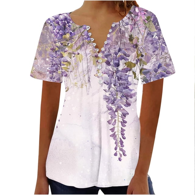Blusas para Mujeres Casual Impreso en V-Cuello Botón Plegado de Manga Corta para el Hogar Y el Uso Diario