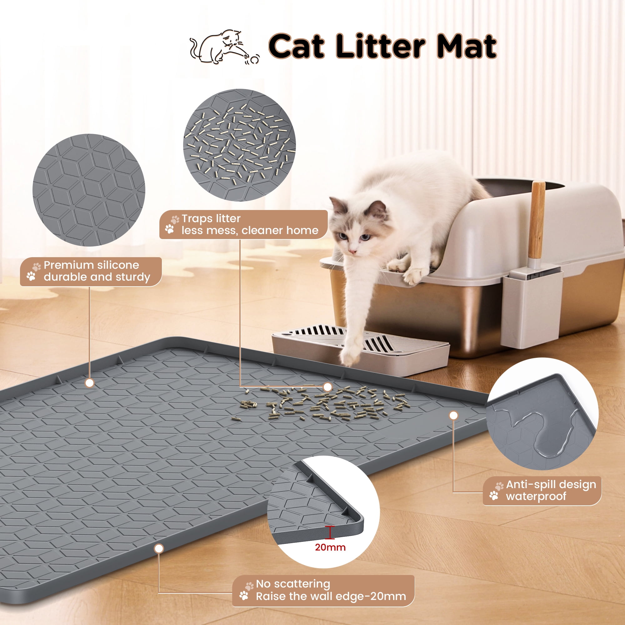 GokeLQ Cat Litter Mat Waterproof, 34" x 23" Non-Slip Silicone Large Cat Litter Mat, Cat Litter Box Mat for Litter Trapping, Easy to Store Kitty Litter Mat, Dark Gray