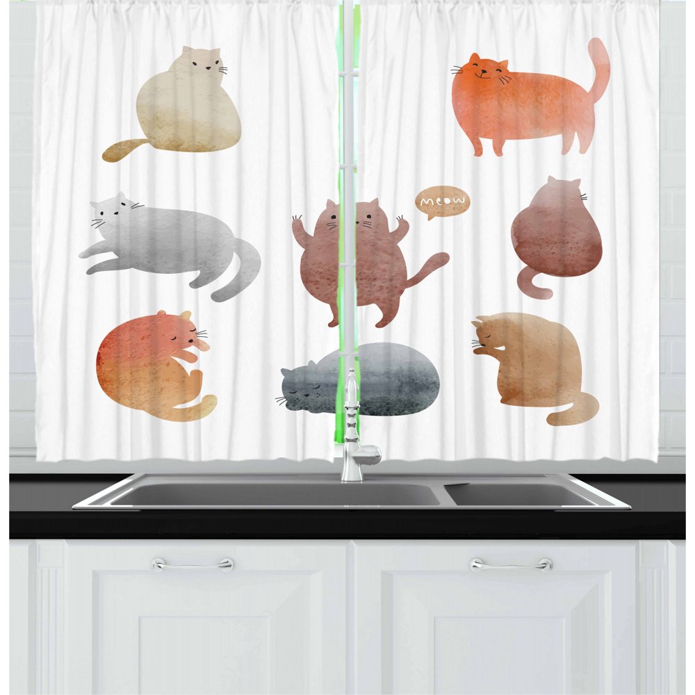 Cat Lover Curtains 2 Panels Set, Colorful Watercolor Sleeping Paw