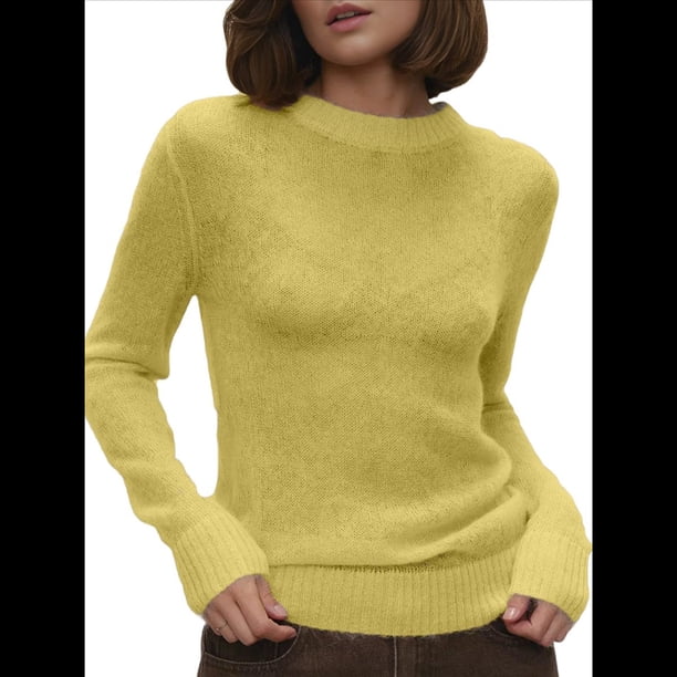 Suéter Básico de Cuello Redondo para Mujer, Jersey de Larga y Cuello Redondo. Amarillo S