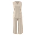 thumbnail image 4 of BLOCLOALO 2 Piece Lounge Set Sleeveless Tops Womens Daily Casual 2 Piece Solid Tank Tops Wide Leg Pants Outfits Sets Tunic Tops V Neck Blouses Travel Outfits for Women Beige L, 4 of 6