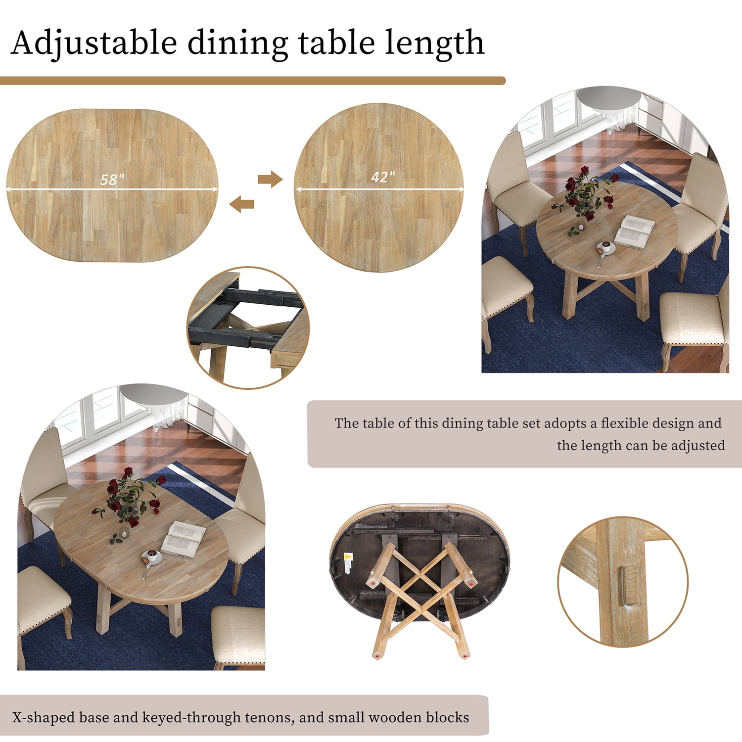 Harper & Bright Designs Round Extendable Dining Table Set for 4, 5 Piece Farmhouse Wood Dining Table Set with 4 Upholstered Dining Chairs, Natural Wood Wash