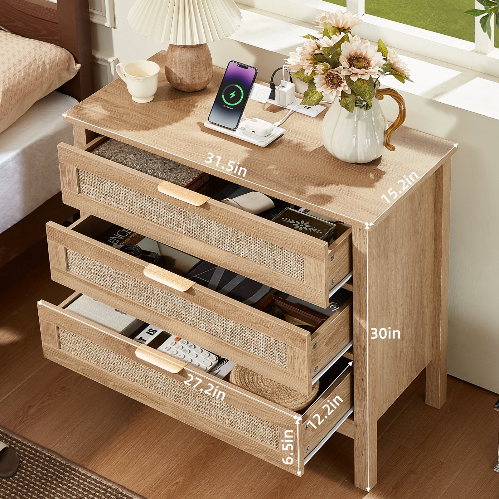 Leyaoyao 3-Drawer Storage Nightstand with Charging Station, 31.5" Wide Rattan Bedside Table, Boho Storage Cabinet with Shelf for Bedroom, Living Room, Natural