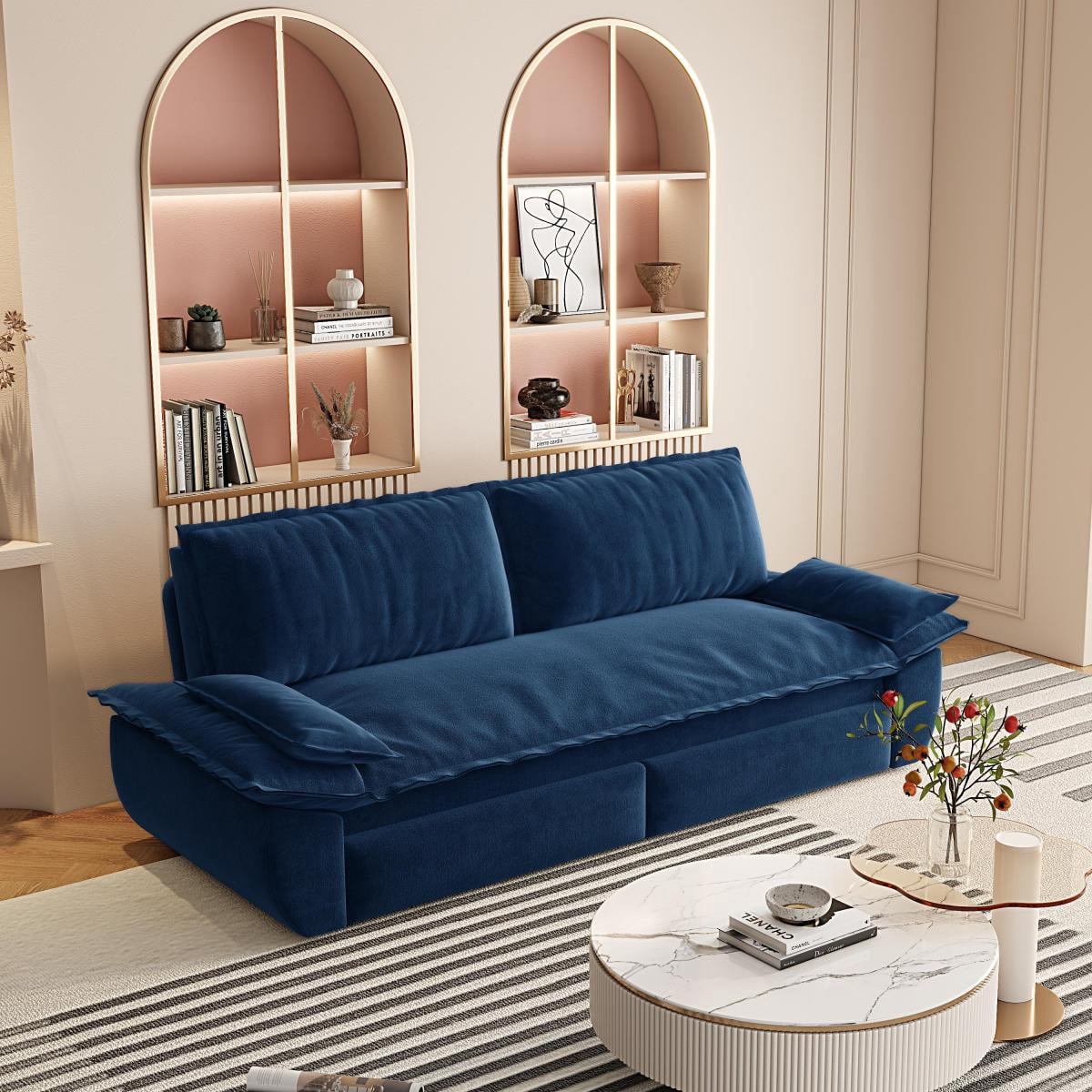 73.2" Queen Pull Out Sofa Bed, 3-in-1 Convertible Sleeper Sofa, Multi-Functional Velvet Loveseat Bed for Living Room, Bedroom, Apartment, Office