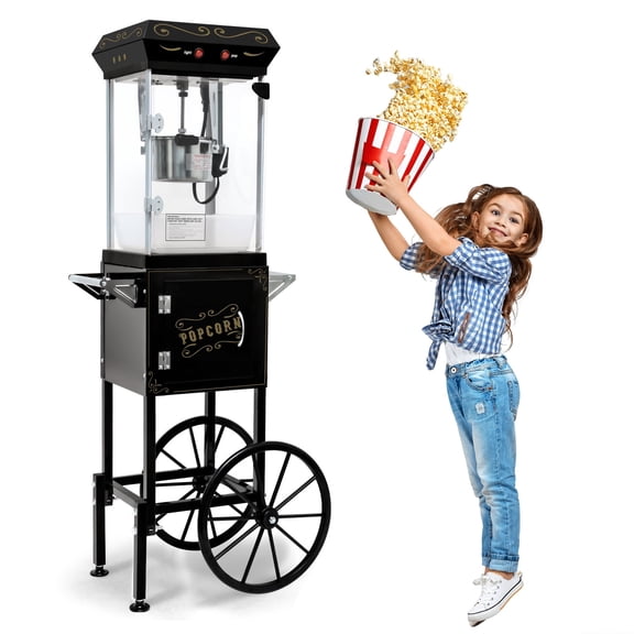 6oz Commercial Popcorn Machine with Cart & Wheels, 480W Vintage Pop Corn Machine with Warming Deck, Movie Theater Popcorn Maker with Stainless-Steel Kettle for Home & Party Use (Black, 6 OZ)
