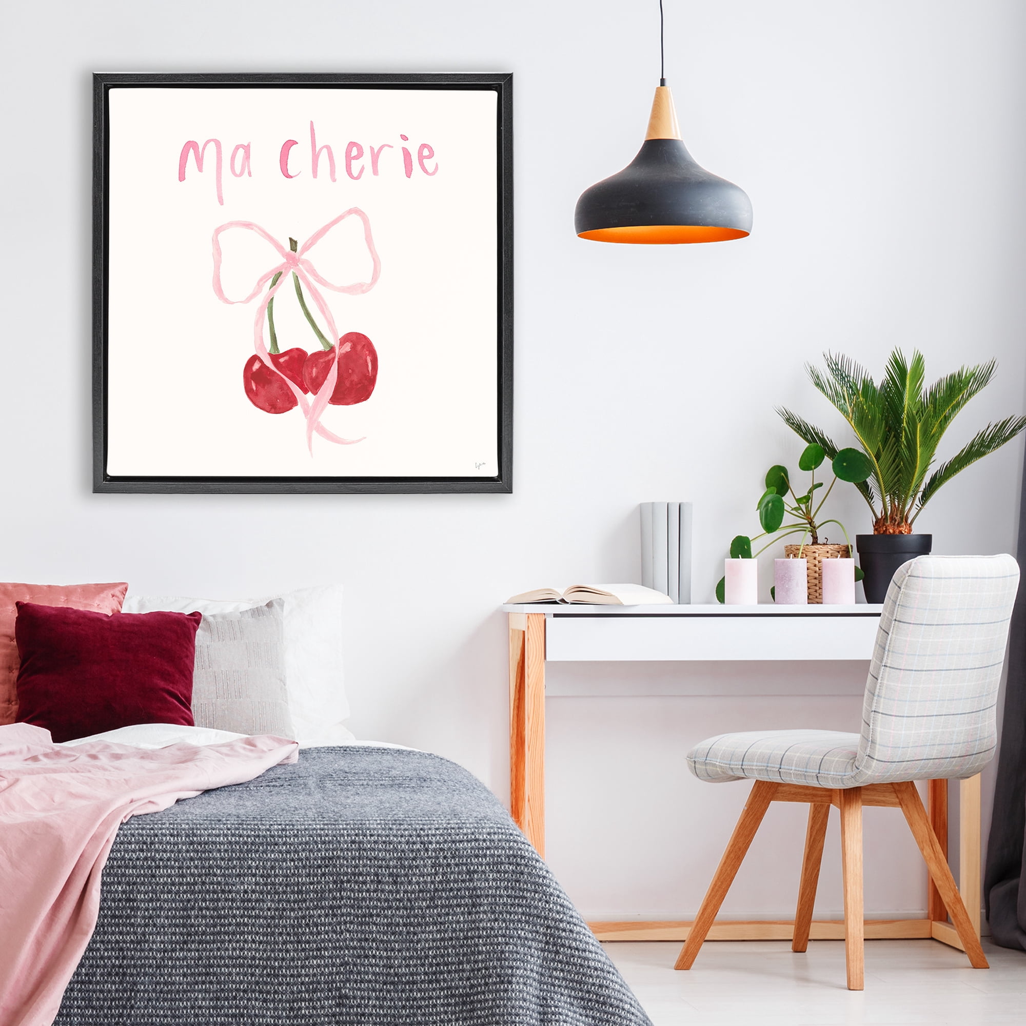 Stupell Industries Ma Cherie Ribboned Cherries Black Framed Floater Canvas Wall Art, design by Lucille Price