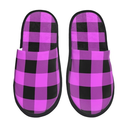 Balery Purple Black Buffalo Plaid Slient Indoor Furry Fleece Comfort House Shoes Soft Non-Slip Home Shoes Cotton slippers House Slippers-- Large