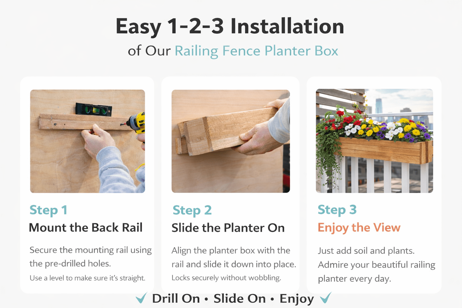 Cedar Clip-On Hanging Planter  Wooden Window Box for Deck & Fence Rails (18"x6.5"x5.5")