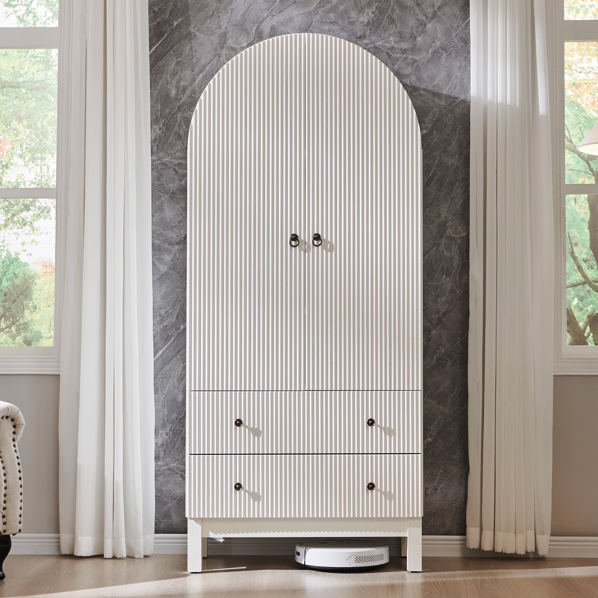 Aitjunz Fluted Arched Pantry Storage Cabinet, 71'' Kitchen Tall Cabinet with 2 Doors & 2 Large Drawers, Wooden Cabinet w/Adjustable Shelves for Dining Room and Living Room, Natural
