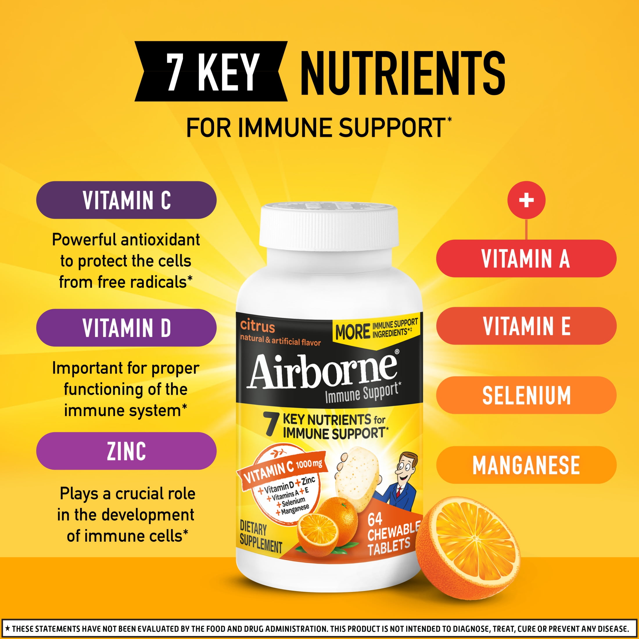 (3 pack) Airborne 1000mg Vitamin C Immune Support Chewable Tablets, Multivitamin Supplement, Citrus Flavor, 64 ct