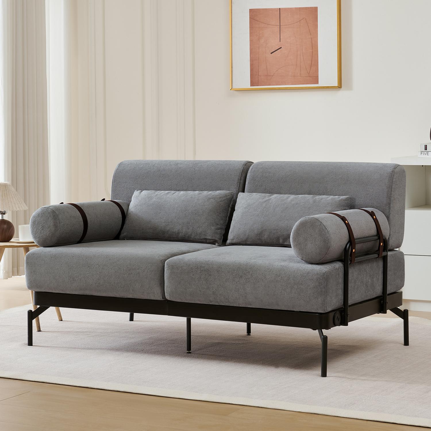 59" Loveseat Sofa with USB Ports,Modern Sofa Couch 2-Seater Sofa with 2 Pillows,Cylindrical Armrests for Living Room Bedroom Apartment,Grey