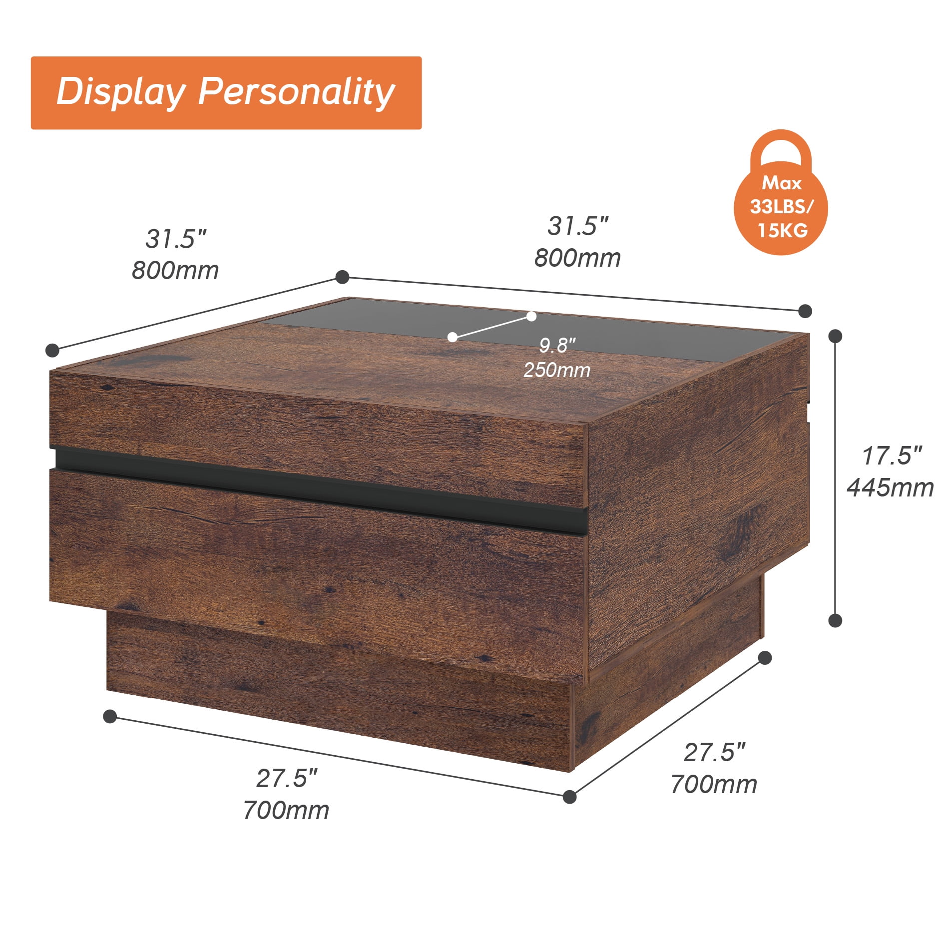 Modern Square Coffee Table with Tempered Glass Top,2 Drawer Hidden Storage, Walnut Wood Grain, Living Room Center Table,Brown