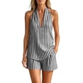 thumbnail image 5 of AKOEE Womens Striped 2 Piece Sets - Halter V Neck Sleeveless Top Elastic Matching Shorts Summer Travel Outfits (XL, Gray), 5 of 8