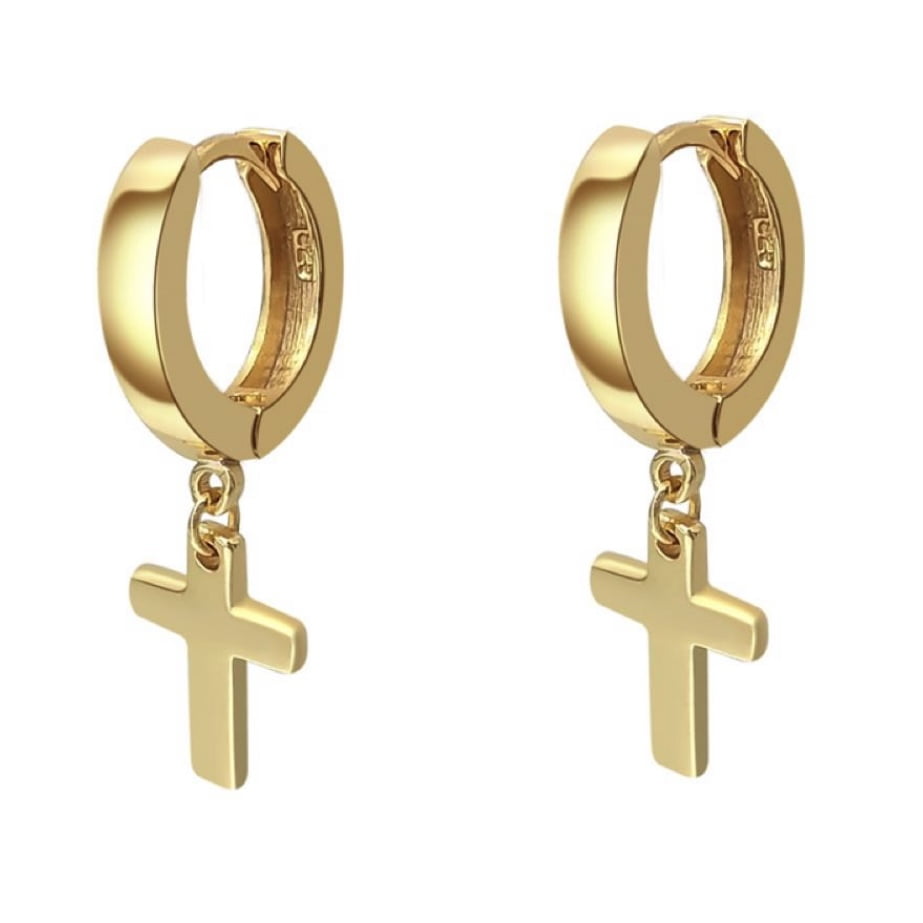 Solid Yellow Gold Plated 925 Sterling Silver Post Drop Dangle Cross Huggie Hoop Earrings  Small 12mm Huggie Hoops Dangling Earrings